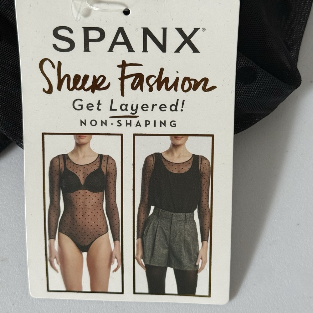 SPANX Women's M Sheer Long Sleeve Bodysuit, Flocked Dot Very Black 20144R NWT